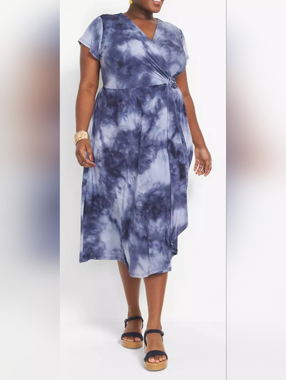 Lane Bryant Blue Tie-Dye Wrap Midi Dress O-ring Detail Cap Sleeves 18-20